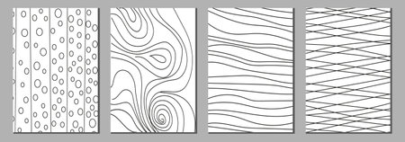 Set of vector seamless patterns with hand drawn doodle elements. Monochrome background with abstract waves.のイラスト素材