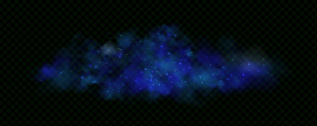 Starry neon magic dust.Realistic texture of fantastic smoke background. Blue fog with glitter and shimmering glowing particles.のイラスト素材