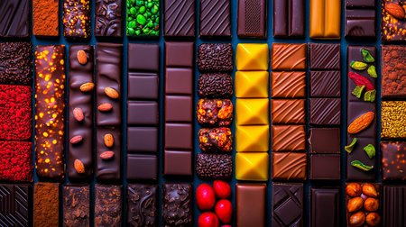 Assortment of chocolate candies as background, top view. Toned.の素材