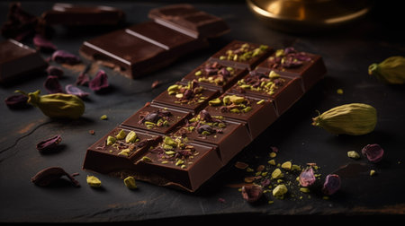 Dark chocolate with rose petals and pistachios on black backgroundの素材