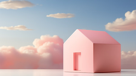 3d rendering of pink house on sky background with clouds. Real estate conceptの素材