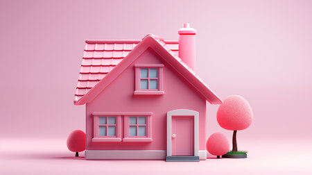 Pink house with chimney and trees on pink background. 3D renderingの素材