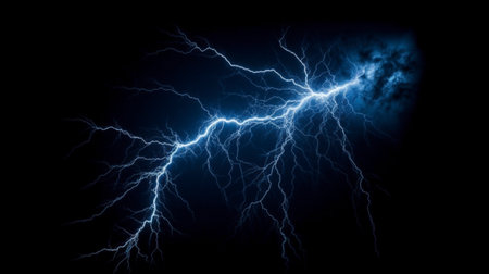 Blue electric lightning on black background. Lightning strike. Thunderstorm.の素材