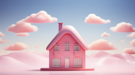 Pink house in the sky with clouds. 3D rendering. Illustration.の素材