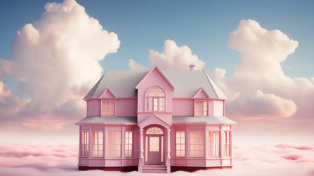 pink house in the clouds. 3d render. dream houseの素材