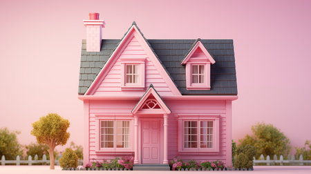 3d rendering of a pink house with a chimney in the gardenの素材