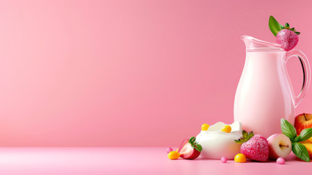 Milk with fruits and berries on pink background. 3d illustrationの素材