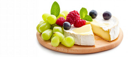 Camembert cheese with grapes and mint on a white background.の素材