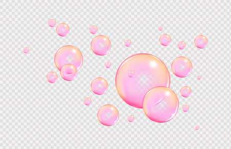 Fizzing air and water pink bubbles on white background with fizzy sparkles. Vector texture of bubble gum and collagen bubbles for dreamy design.background.のイラスト素材