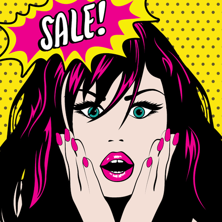 Pop art woman with sale speech bubbleのイラスト素材