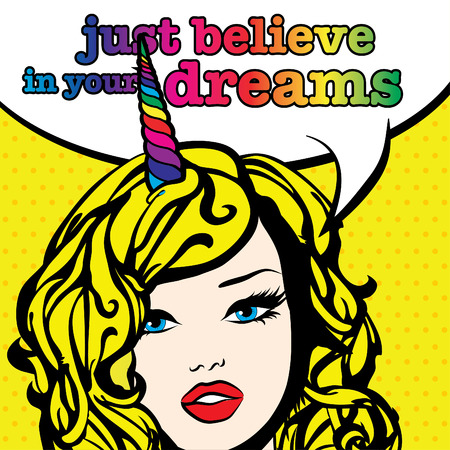 Pop art woman with just believe in your dreams typographyのイラスト素材