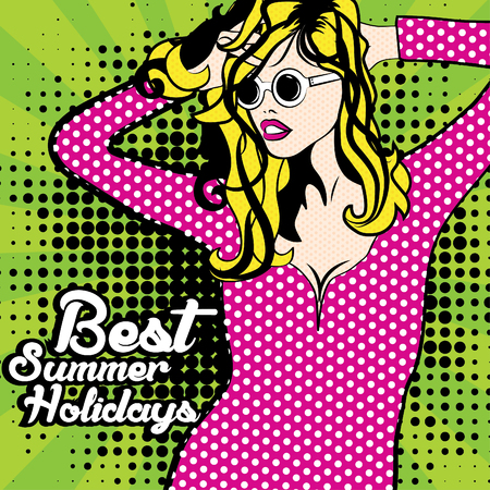 Pop art woman with best summer holidaysのイラスト素材