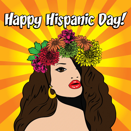 Pop art woman with happy hispanic day typographyのイラスト素材