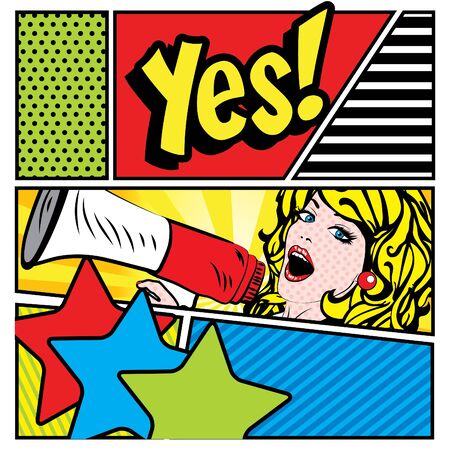 Pop art woman holding loudspeaker with yes textのイラスト素材