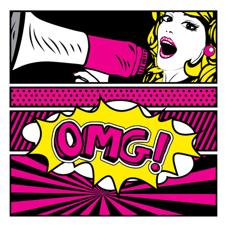 Pop art woman holding loudspeaker with OMG textのイラスト素材