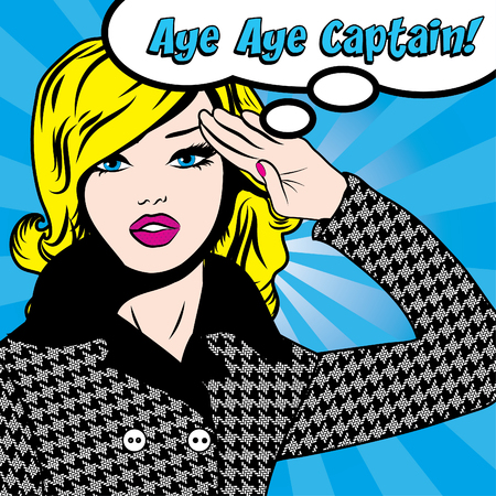 Pop art woman with aye aye captain typographyのイラスト素材