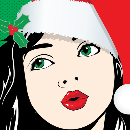 Pop art woman with santa hatのイラスト素材