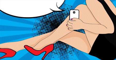Woman posing with smartphone and speech bubbleのイラスト素材