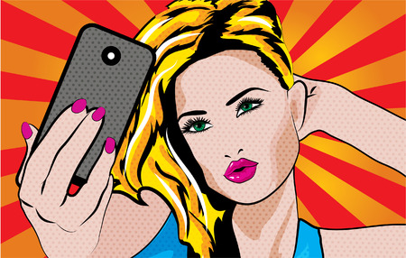 Pop art of a woman taking a selfieのイラスト素材