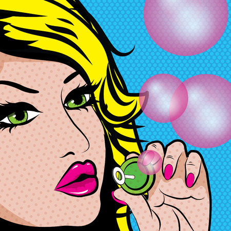 Pop art woman blowing soap bubblesのイラスト素材