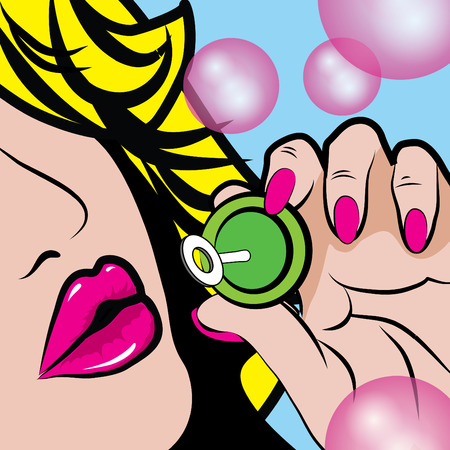 Pop art woman blowing soap bubblesのイラスト素材