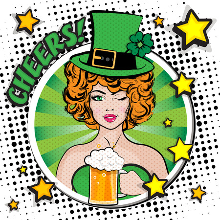 Pop art woman with hat drinking beerのイラスト素材