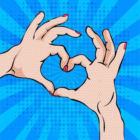 Pop art hand gesturing a heart on plain background.のイラスト素材