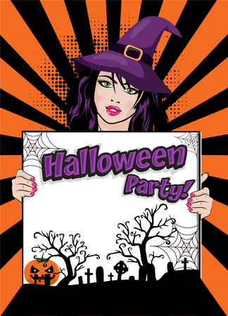 Pop art woman wearing purple witch hat with Halloween Party board.のイラスト素材