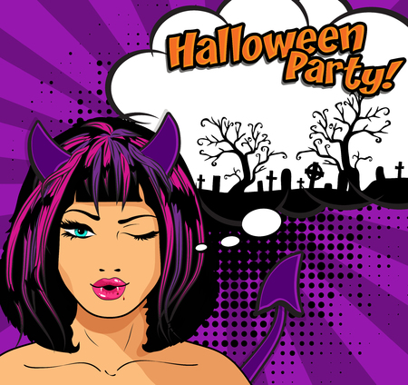 Pop art woman with Halloween party mindのイラスト素材