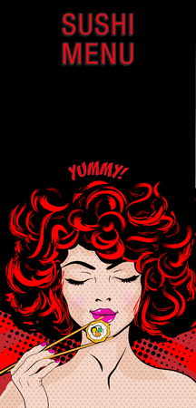 Pop art woman with sushi rollのイラスト素材