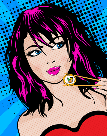 Pop art woman with sushi rollのイラスト素材