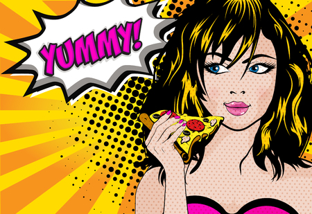 Pop art woman eating a slice of pizza with the word YUMMYのイラスト素材
