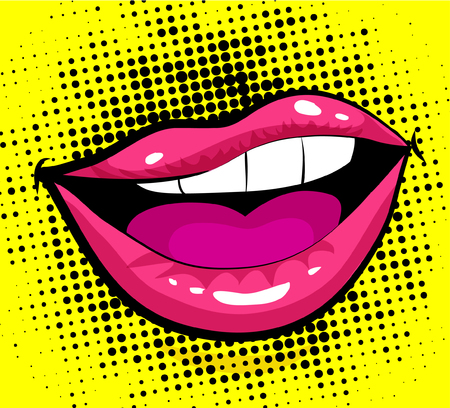 Pop art style woman lips with halftone backgroundのイラスト素材