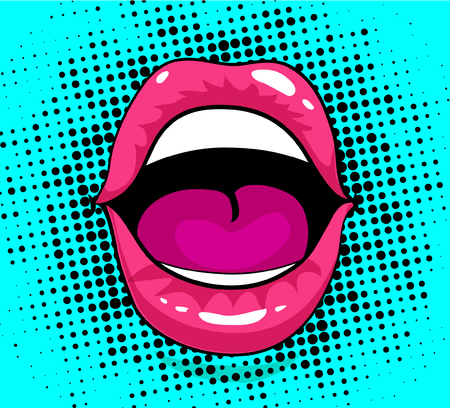 Pop art style woman lips with halftone backgroundのイラスト素材