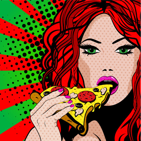 Pop art woman eating a slice of pizzaのイラスト素材