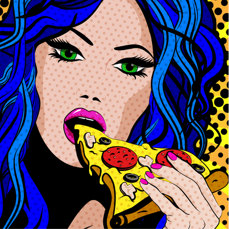 Pop art woman eating a slice of pizzaのイラスト素材