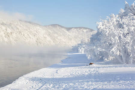 Russia, river Yenisei. Siberian frostsの写真素材