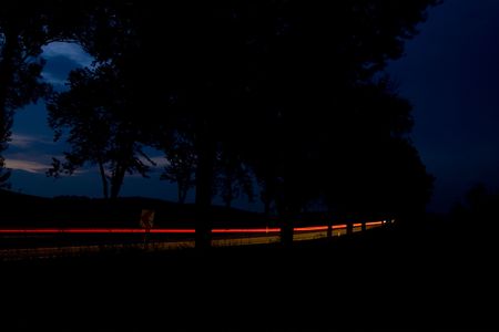 Car motion on forest road in the nightの写真素材