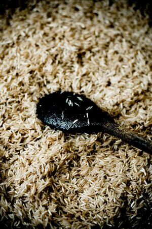 Fried rice and wooden spoonの写真素材