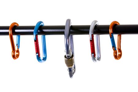 Climbing carabiners  isolated on whiteの写真素材
