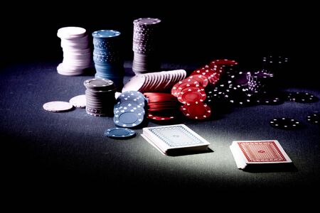  Casino gambling chips on green tableのeditorial素材