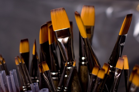 Group of painting brushes in a shop