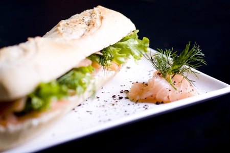 long baguette sandwich with salmon and fresh vegetablesの写真素材