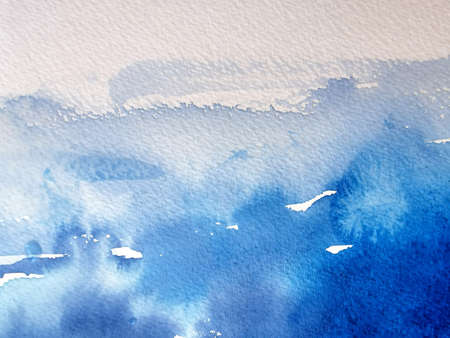 Blue water isolated spot on white background. Watercolor hand drawn blue illustration. Abstract wet brush painted paper texture. Design artistic element for banner, print, template, cover, decorationの写真素材