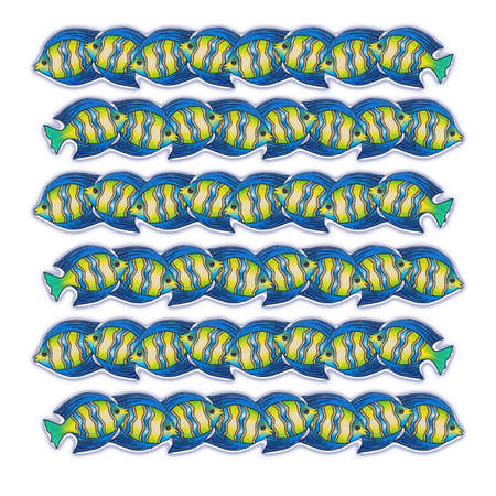 Hand drawn Light acrylic paint blue fishes on white background.の写真素材