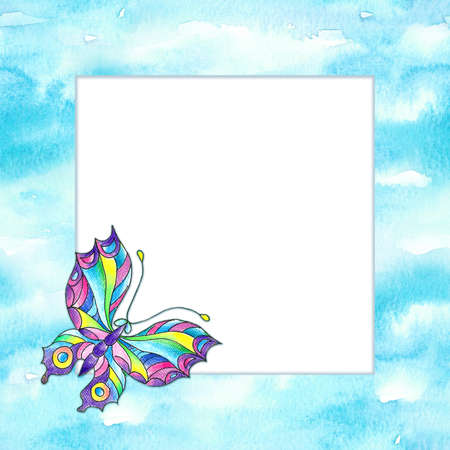 watercolor hand painted blue sky in sunny weather photo frameの写真素材