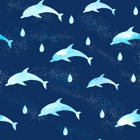 dolphin silhouette of a bright blue sky on the dark blue background seamless pattern illustrationの写真素材