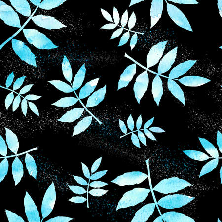 leaves silhouette of a bright blue sky on the dark blue background seamless pattern illustrationの写真素材
