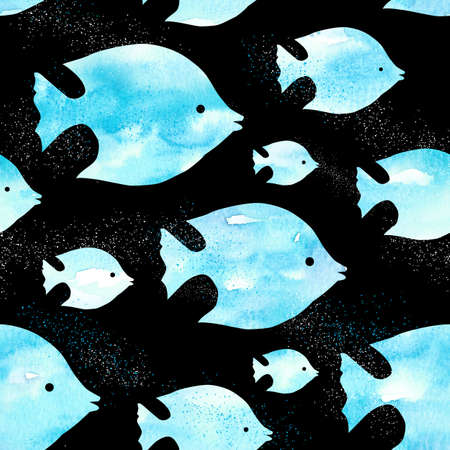 fishes silhouette of a bright blue sky on the dark blue background seamless pattern illustrationの写真素材