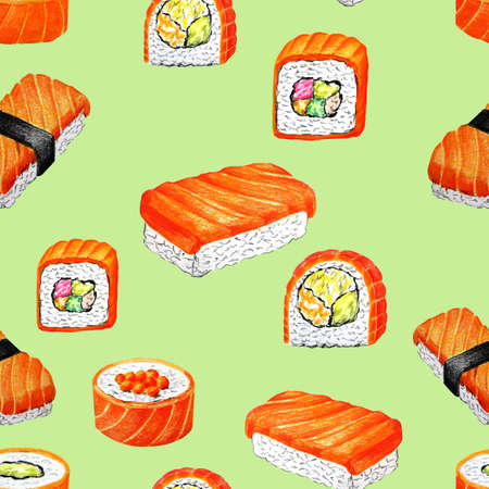 sushi and rolls Asian cuisine, seamless pattern drawing with colored pencilsの写真素材